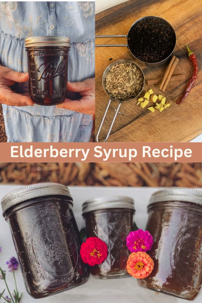 elderberry syrup recipe with mason jars and zinnia flowers and herbs