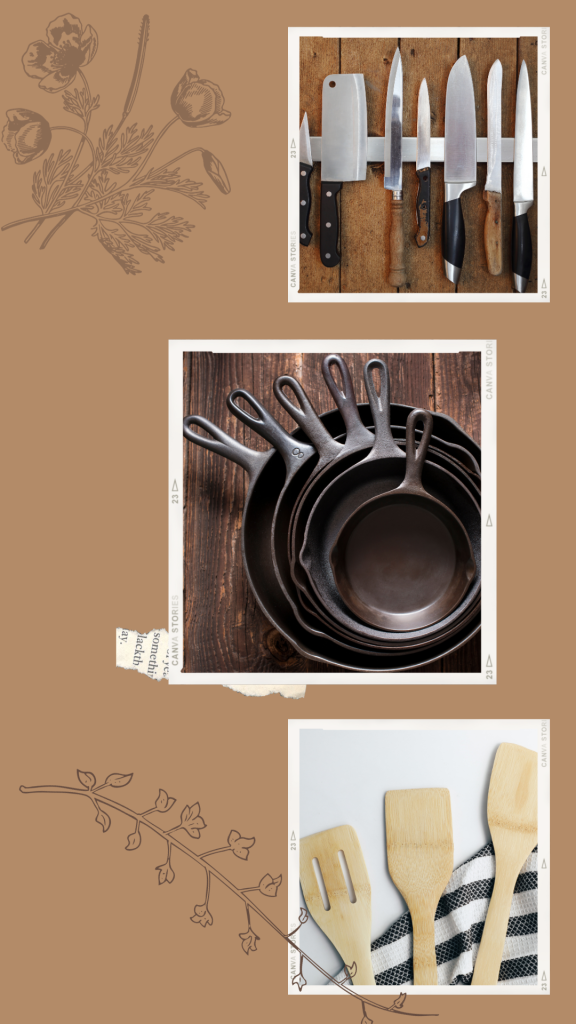 knives, cast iron skillets and wooden utensils