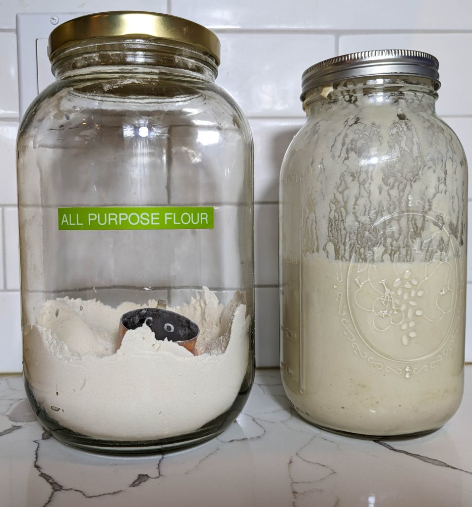 gallon glass jar with flour and half g allon jar with sourdough starter