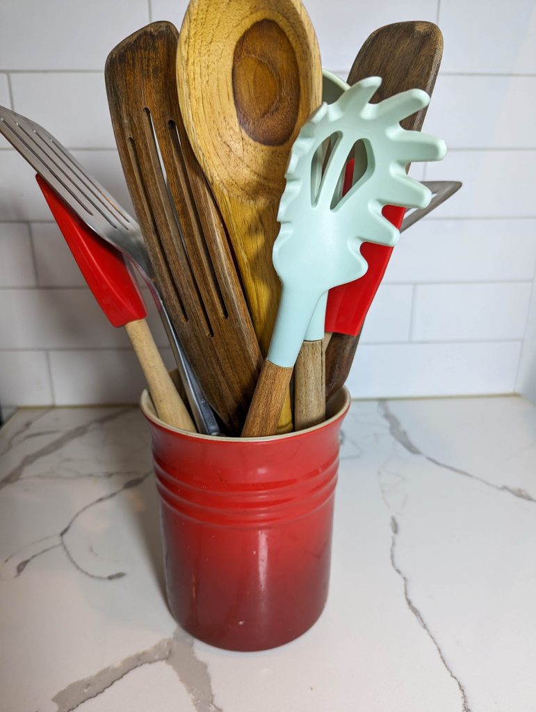 wood, silicone and stainless steel kitchen utensils