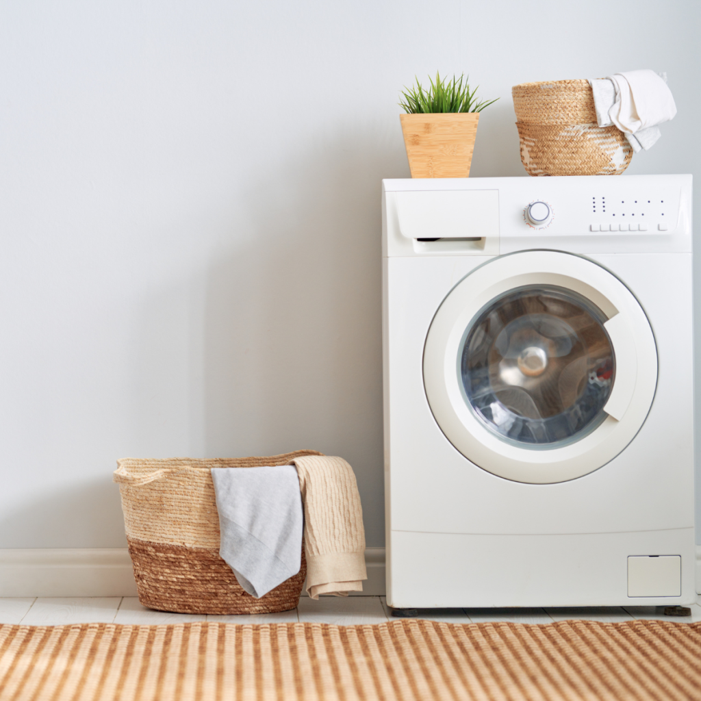 front loading washing machine with wicker basket and clothes