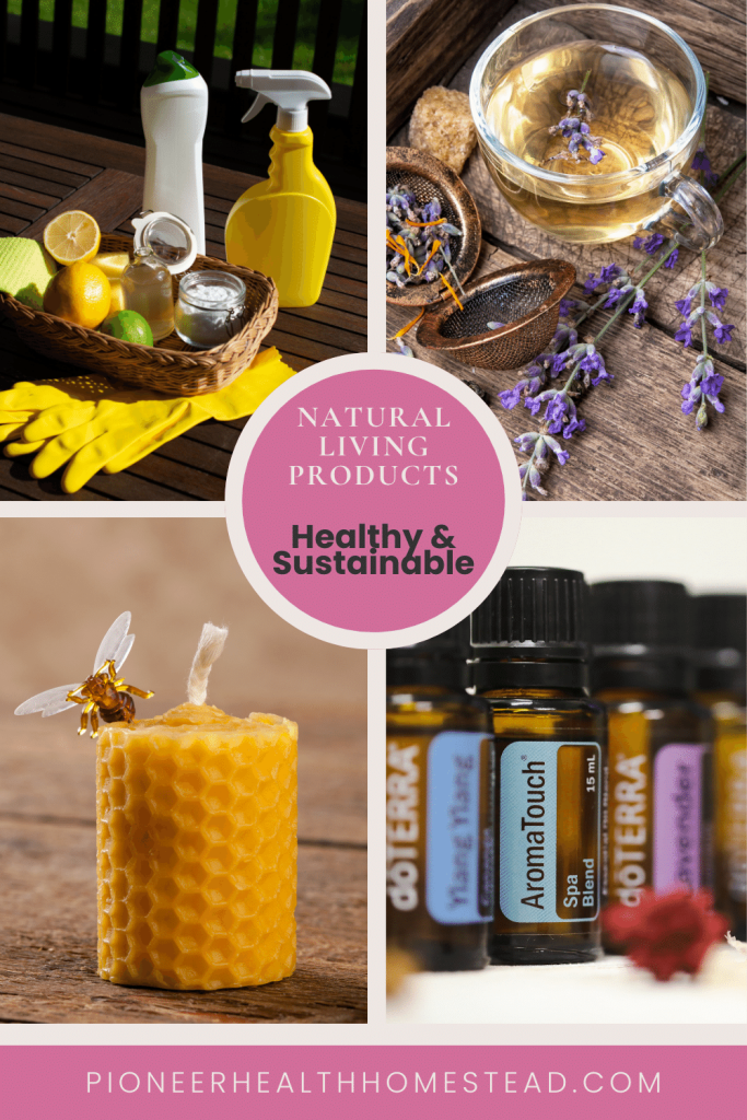 natural living products essential oils, beeswax candle, herbal tea and natural cleaning products