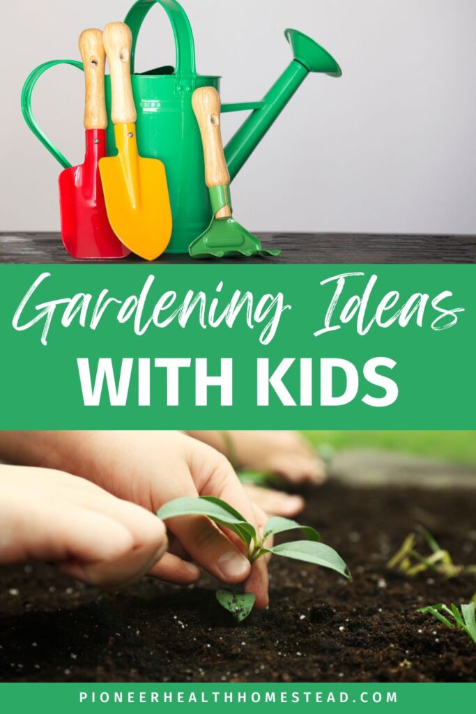 green watering can with yellow and red shovel little hands kids planting seedlings into dirt