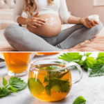 pregnant woman and nettle tea in a glass mug