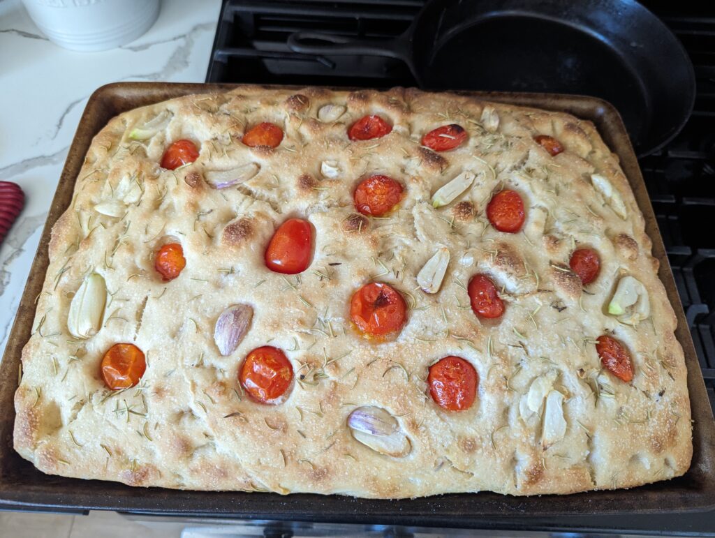 Sourdough Focaccia Garden Bread with tomatoes and garlic