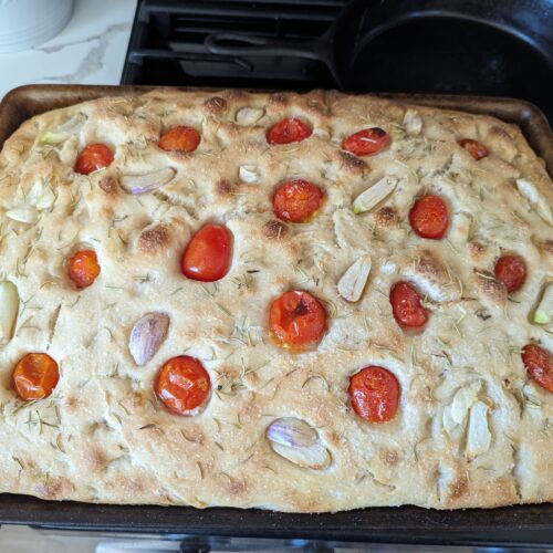 Sourdough Focaccia Garden Bread with tomatoes and garlic