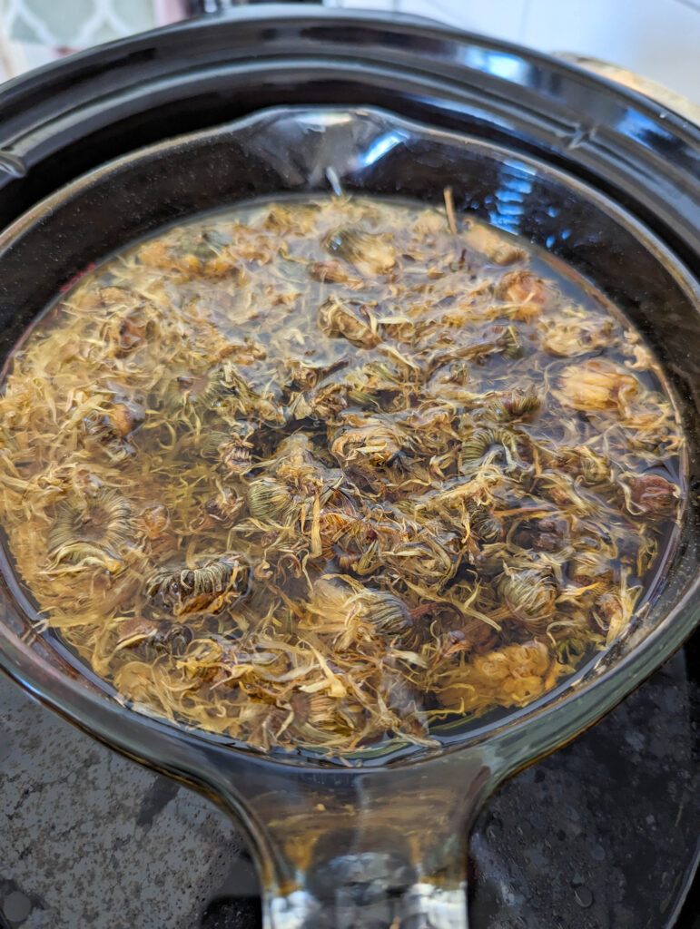 Calendula infused oil in a double boiler crock pot