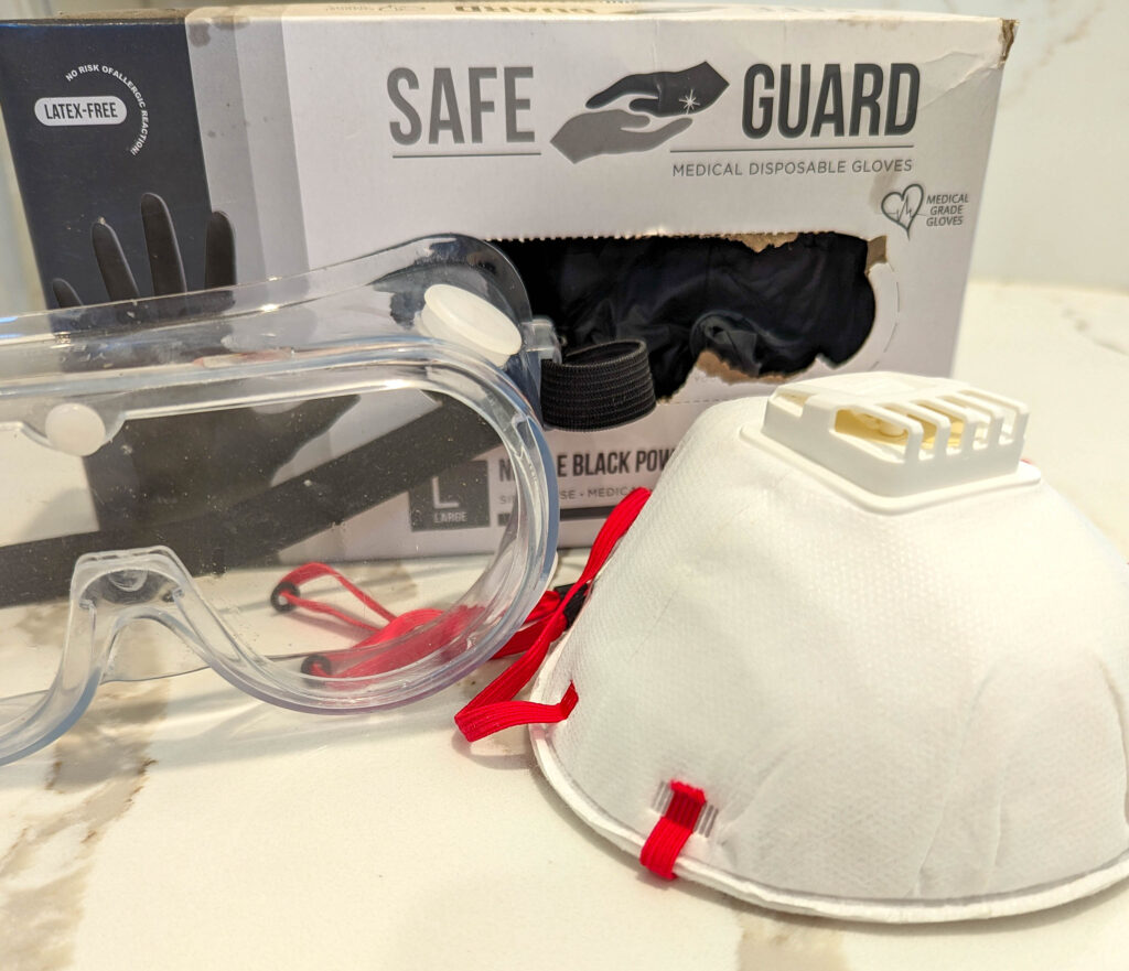 safety tools of goggles, gloves and face mask