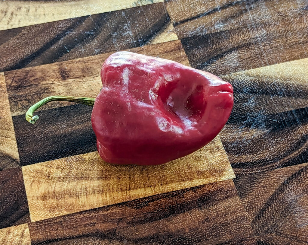 mature pepper on wood cutting board