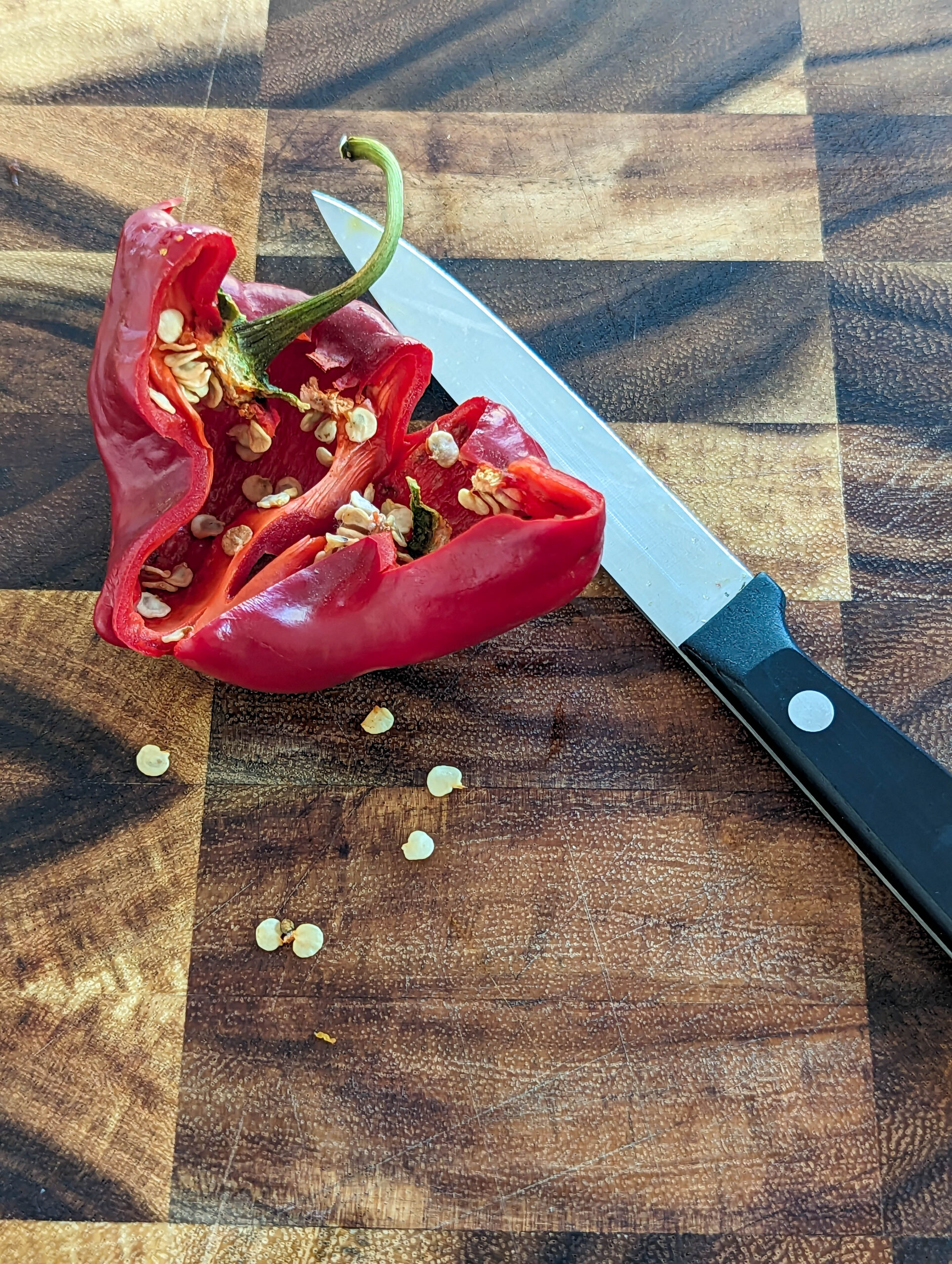 how to save pepper seeds with bell pepper and knife on wood cutting board