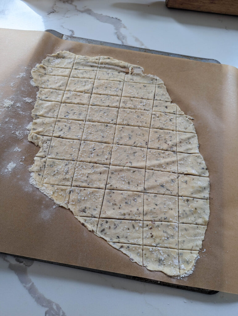 cut sourdough herb cracker dough on parchment paper