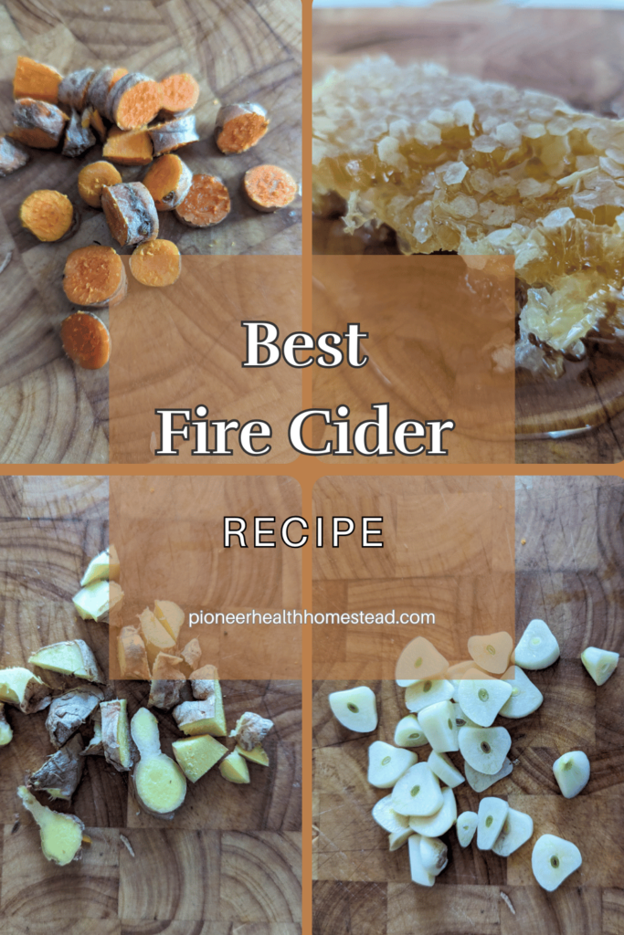 Best Fire Cider recipe pinterst pin 3 turmeric root garlic ginger root honey comb