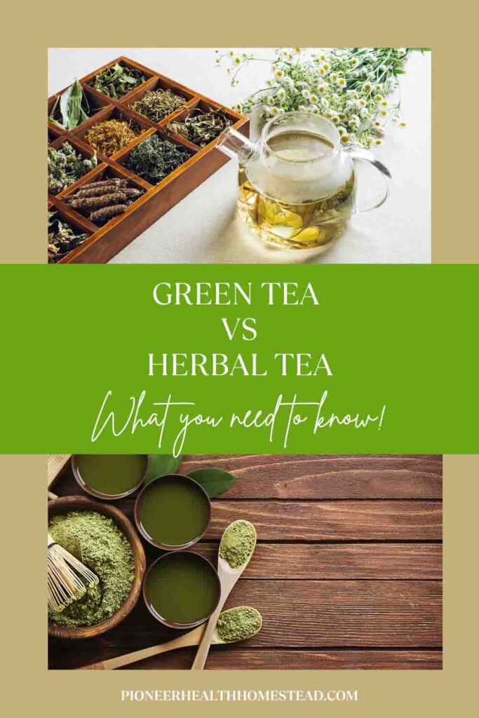 green tea leaves powder and salve on wood with herbal teain a box and glass