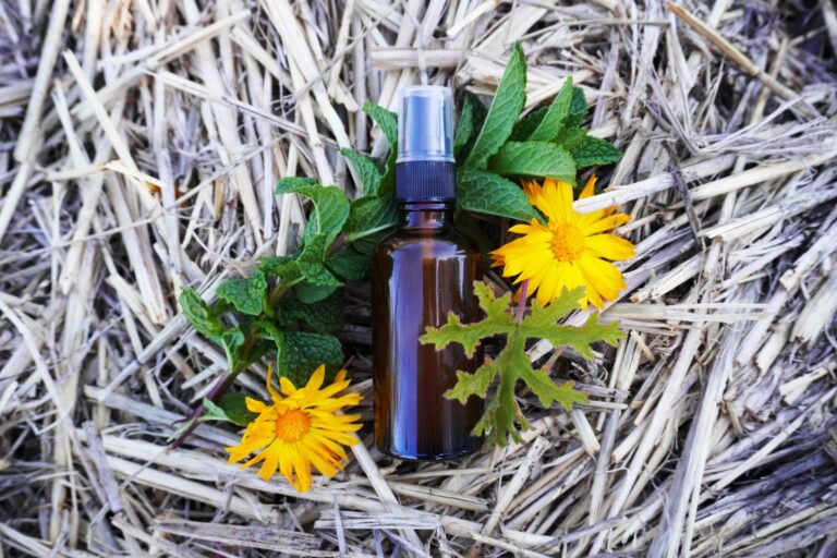 Mosquito and tick spray with spearmint leaves and calendula flowers on hay