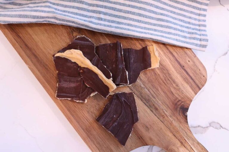 dark chocolate peanut butter yogurt bark on cutting board