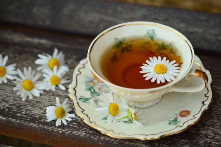 chamomile tea in vintage tea cup