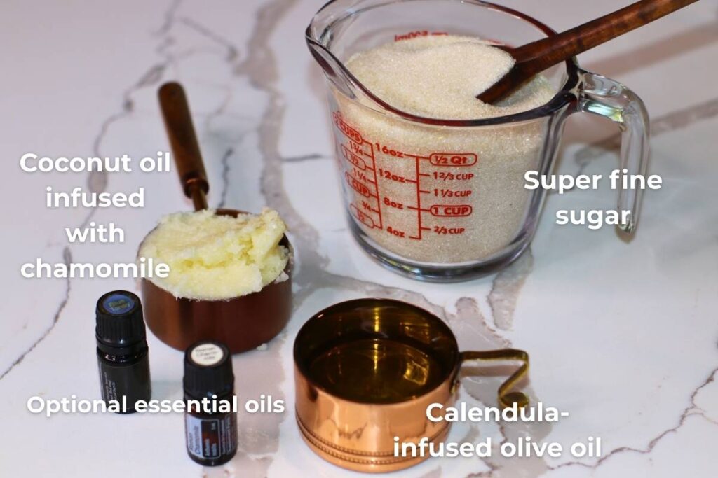 calendula & chamomile scrub ingredients with essential oils labeled ingredients