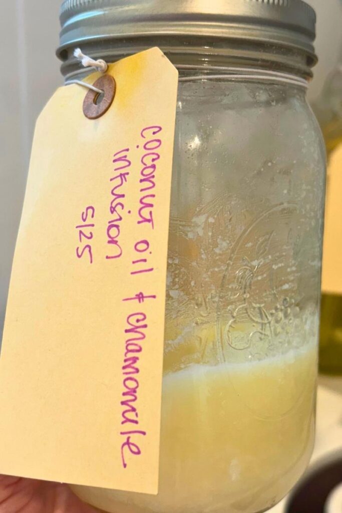 coconut oil infused with chamomile in mason jar