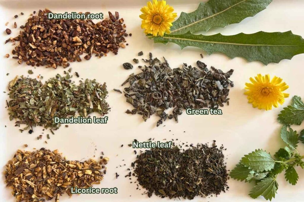 gentle liver detox tea ingredients labeled herbs nettle dandelion root and leaf licorice root green tea gunpowder green tea