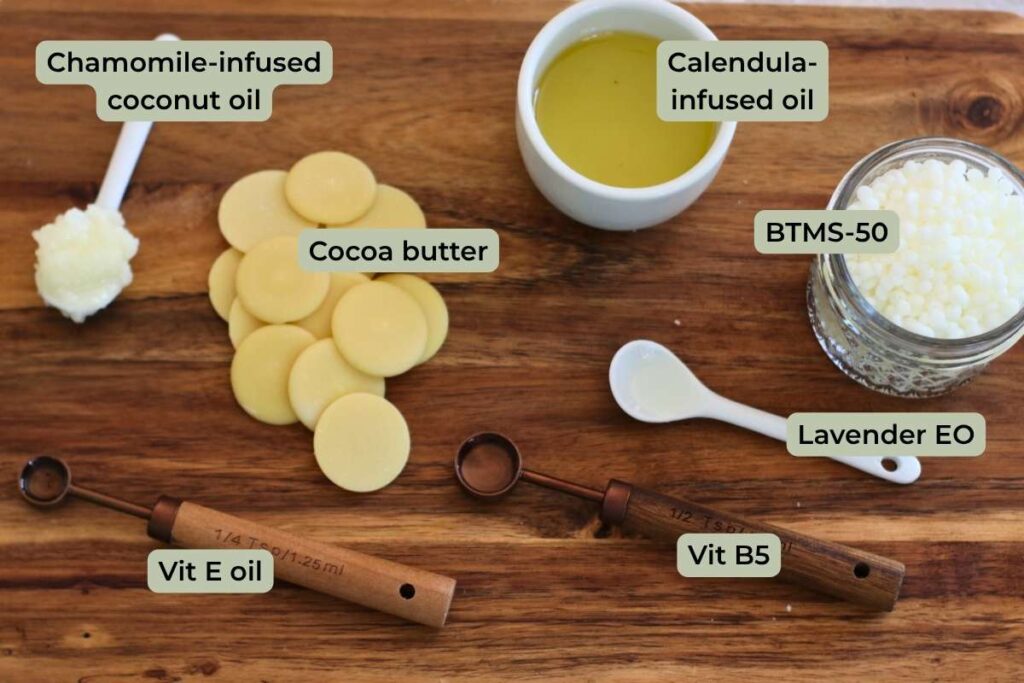 Easy Herbal Conditioner Bar Recipe with Chamomile & Calendula ingredients labeled