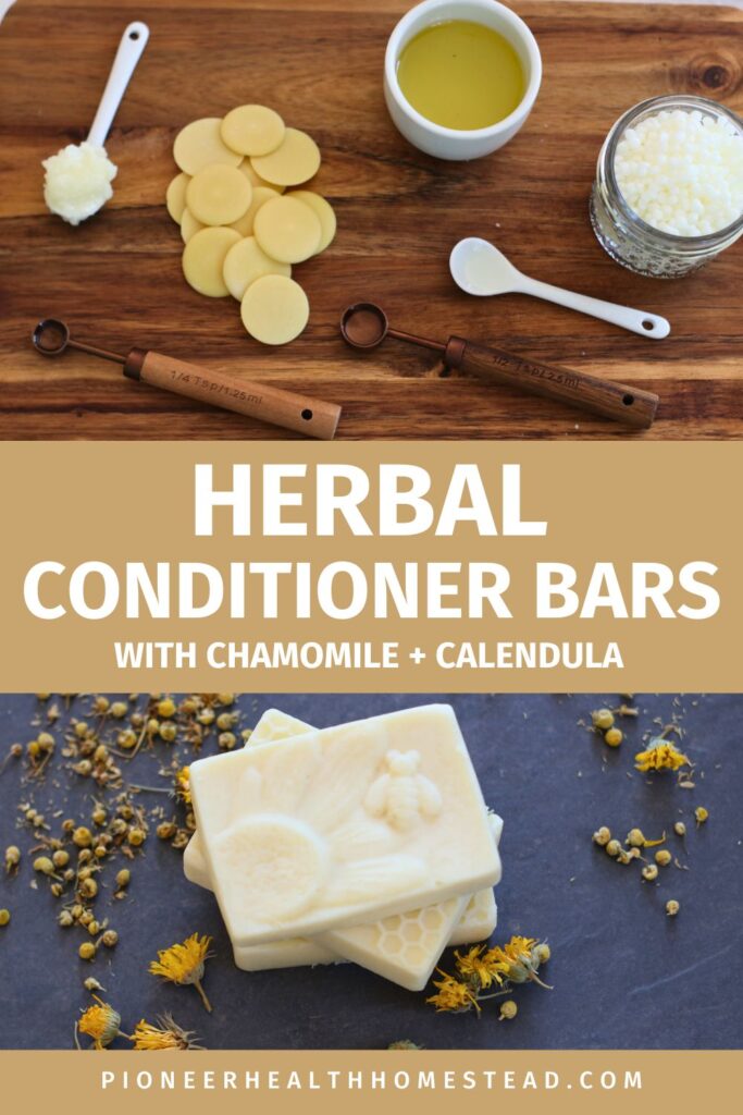 herbal conditioner bars with honey bee design and chamomile and calendula dried herbs on slate tile